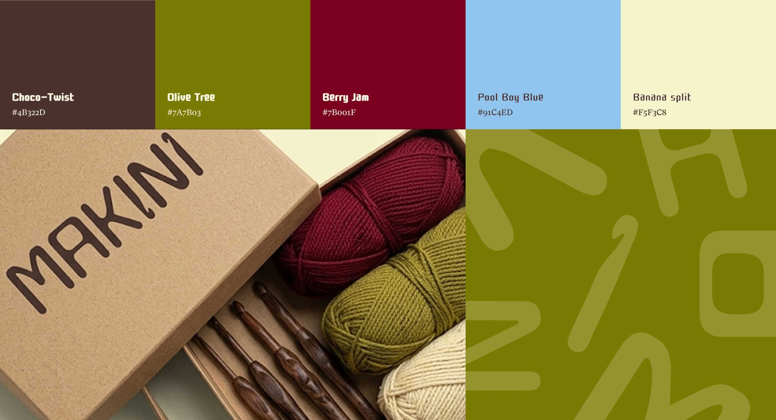 Makini color palette over kraft packaging and yarn