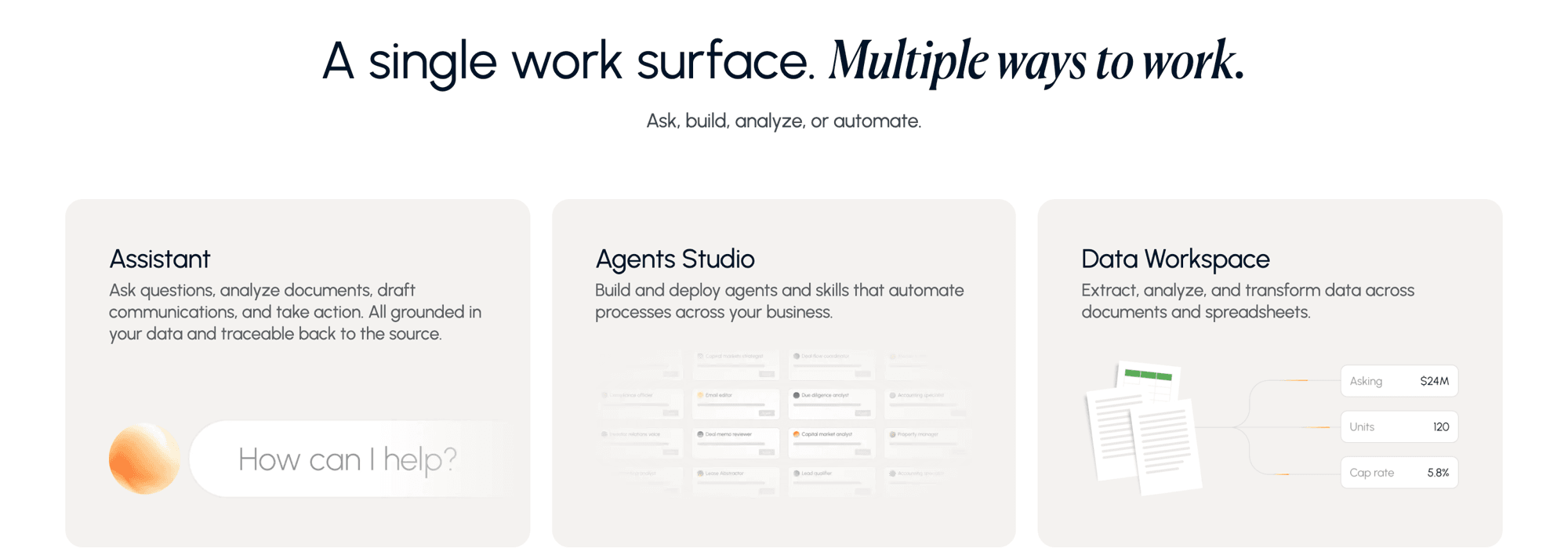 Cortex section: Assistant, Agents Studio and Data Workspace cards