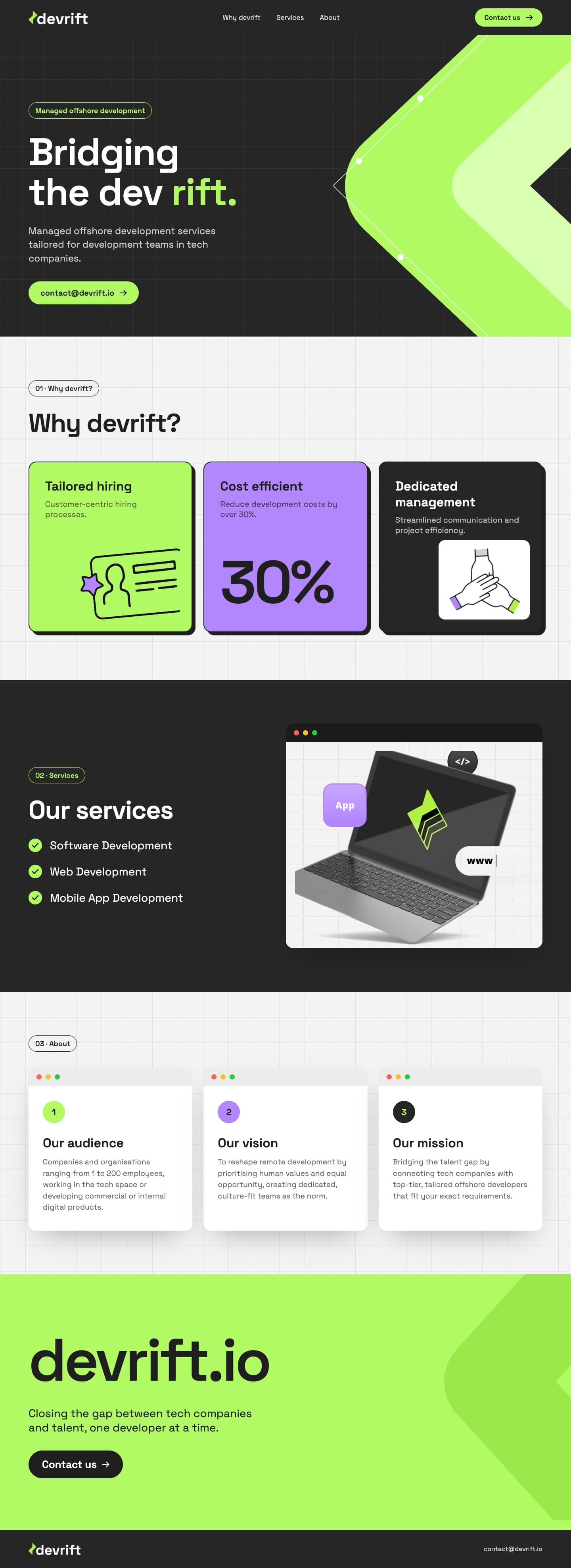 Devrift one-pager as a web page: hero, why devrift, services, audience, vision and mission, contact